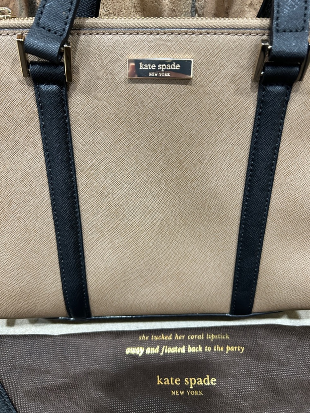 Kate Spade  New York Saffiano Leather Top Handle Bag Tan & Black. - Picture 2 of 5